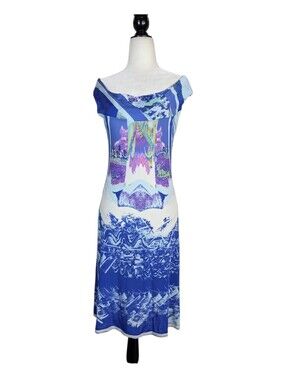 Save The Queen Boat neck Blue and Purple Printed Midi Flare Dress